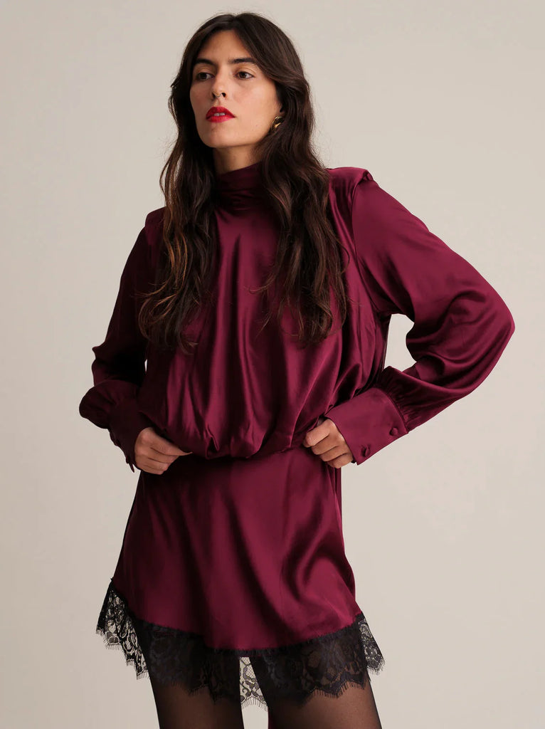 Seren Dress — burgundy satin w/ lace trim on model — MYFASHIONFRUIT