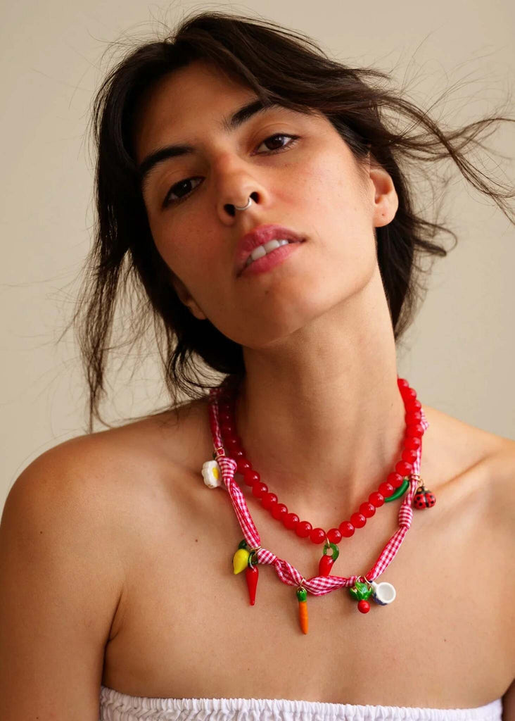 Jalapeño Set of 2 Necklaces — on model, red beads and gingham — MYFASHIONFRUIT