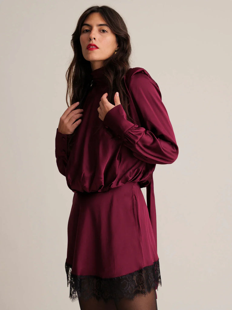 Seren Dress — Burgundy dress with lace detail on model — MYFASHIONFRUIT