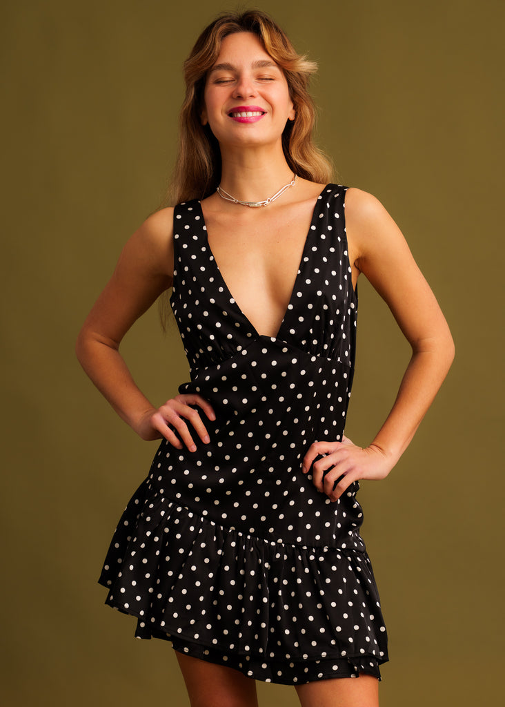 Minna Dress — Black polka dot dress on model — MYFASHIONFRUIT