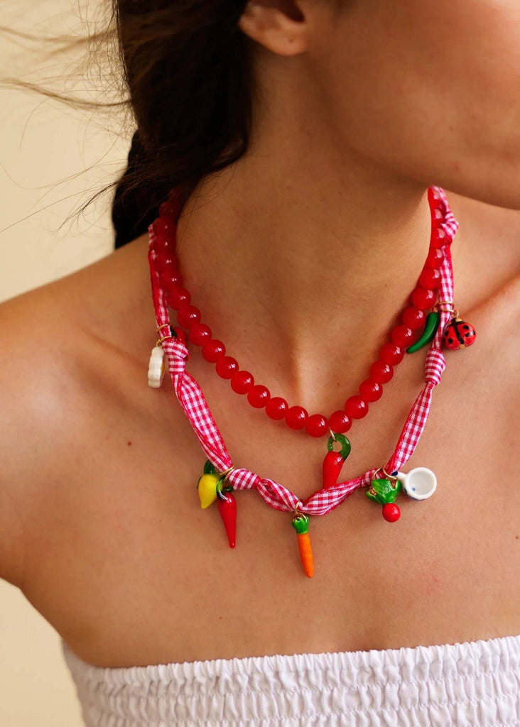 Jalapeño Set of 2 Necklaces — on model, detail of red necklace — MYFASHIONFRUIT