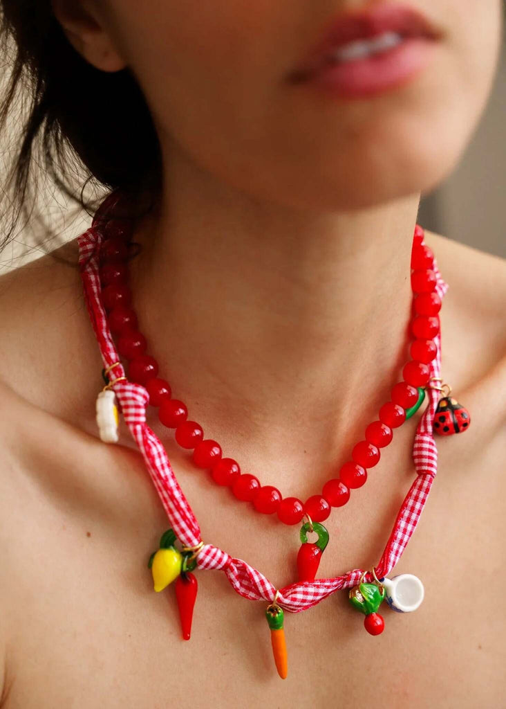 Jalapeño Set of 2 Necklaces — Red beaded set on model — MYFASHIONFRUIT