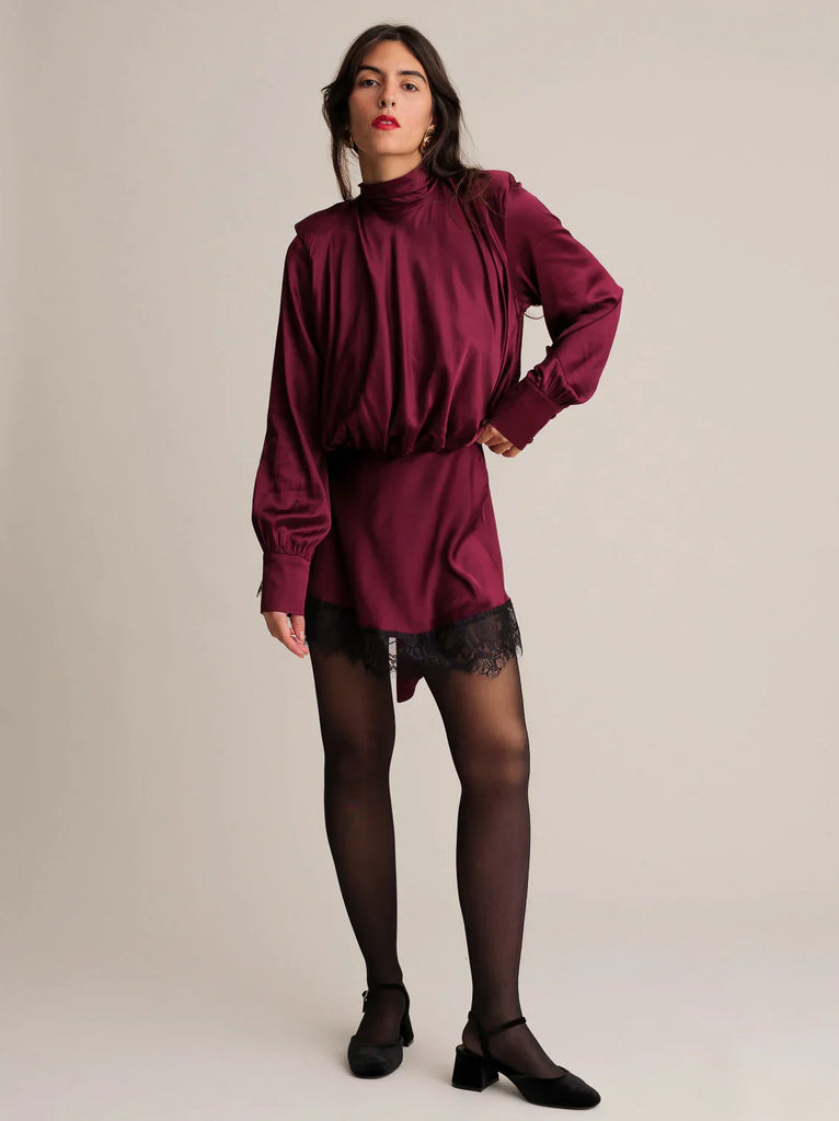 Seren Dress — Burgundy satin dress with lace trim on model — MYFASHIONFRUIT