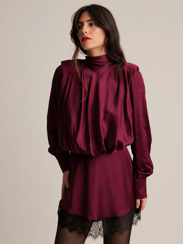 Seren Dress — Burgundy satin dress with lace trim on model — MYFASHIONFRUIT