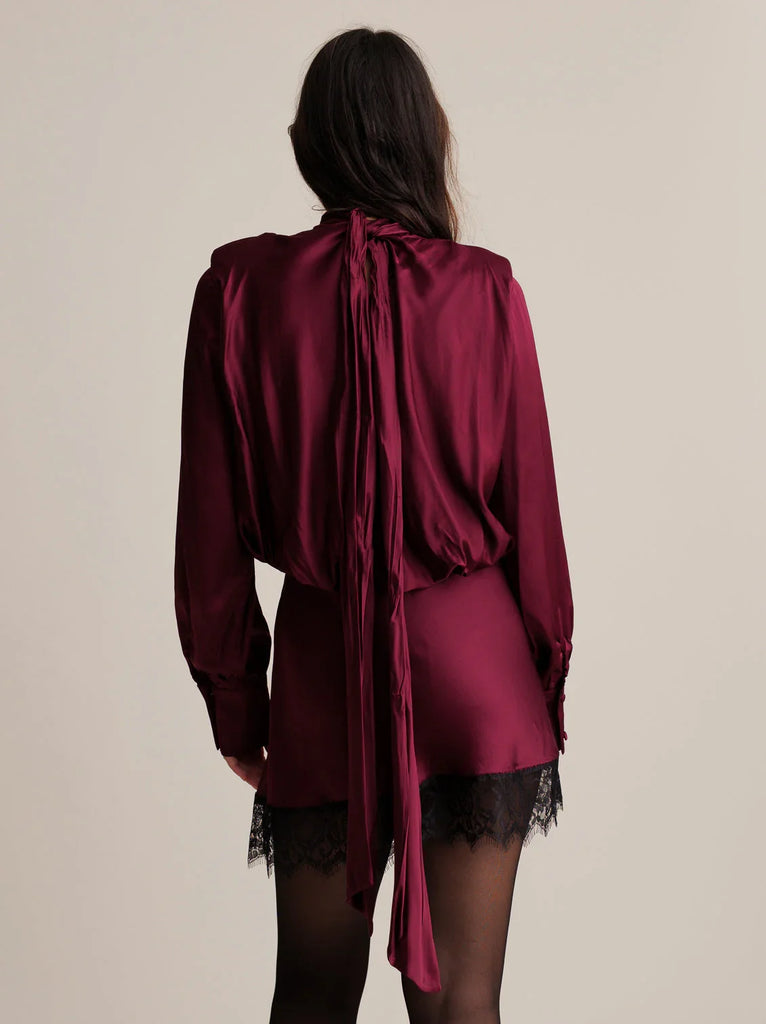 Seren Dress — maroon silk with tie, lace hem on model — MYFASHIONFRUIT