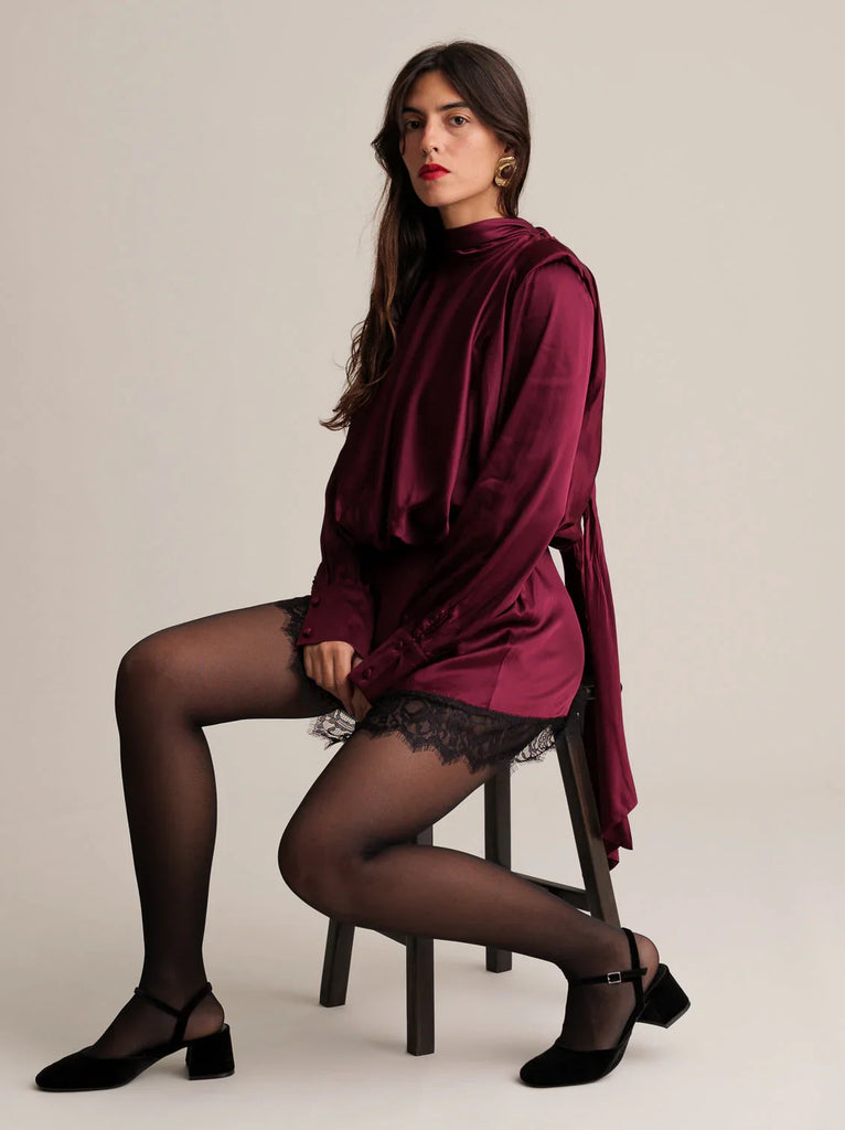 Seren Dress — Burgundy dress with lace, on model — MYFASHIONFRUIT