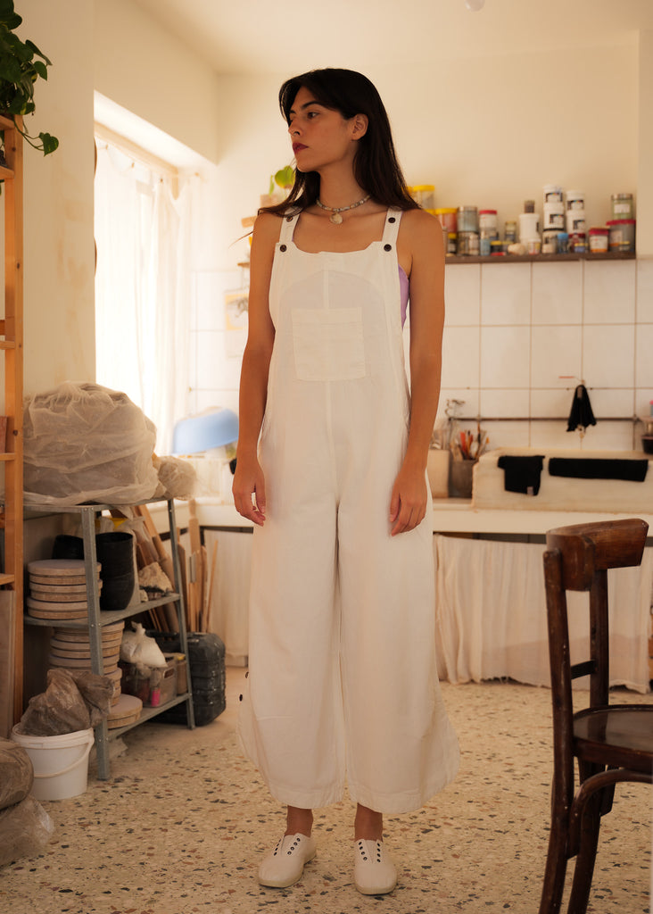 Mayaa Dungarees — White cotton overalls on model — MYFASHIONFRUIT