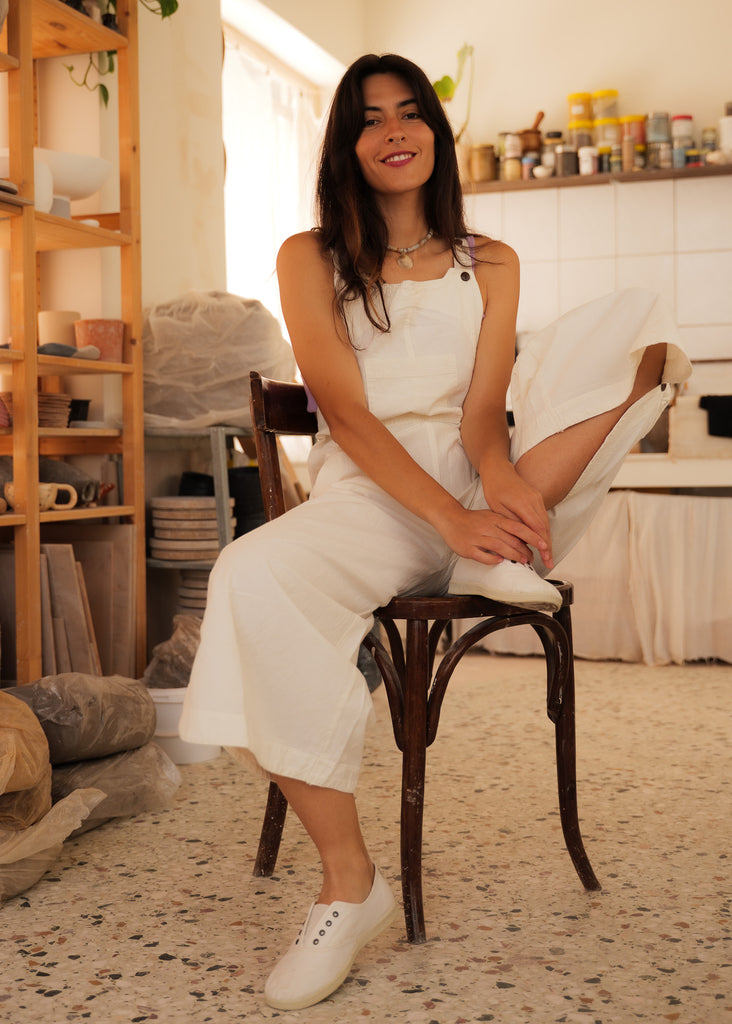 Mayaa Dungarees — White dungarees on model sitting — MYFASHIONFRUIT