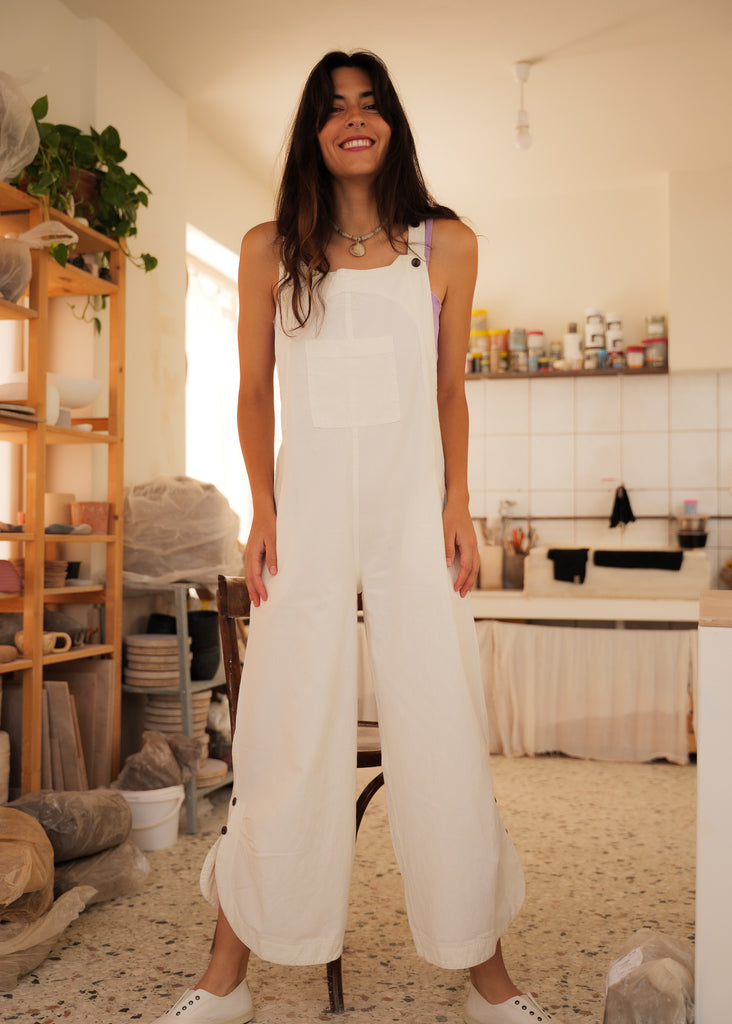 Mayaa Dungarees — White wide-leg dungarees on model — MYFASHIONFRUIT