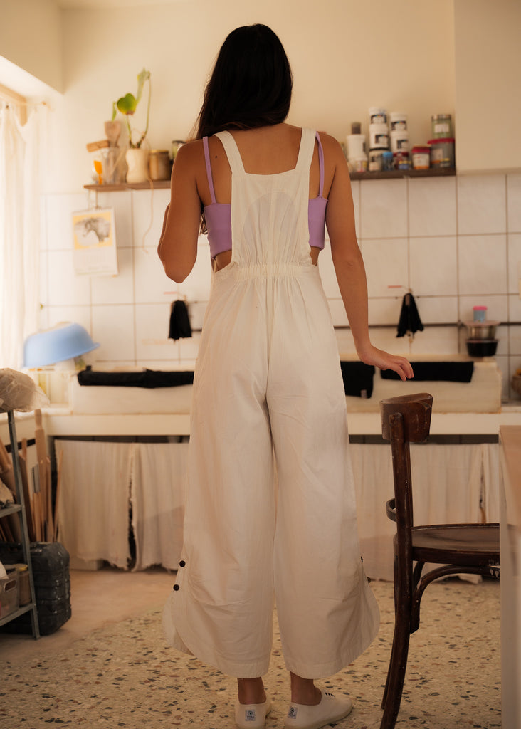 Mayaa Dungarees — White dungarees on model, back view — MYFASHIONFRUIT
