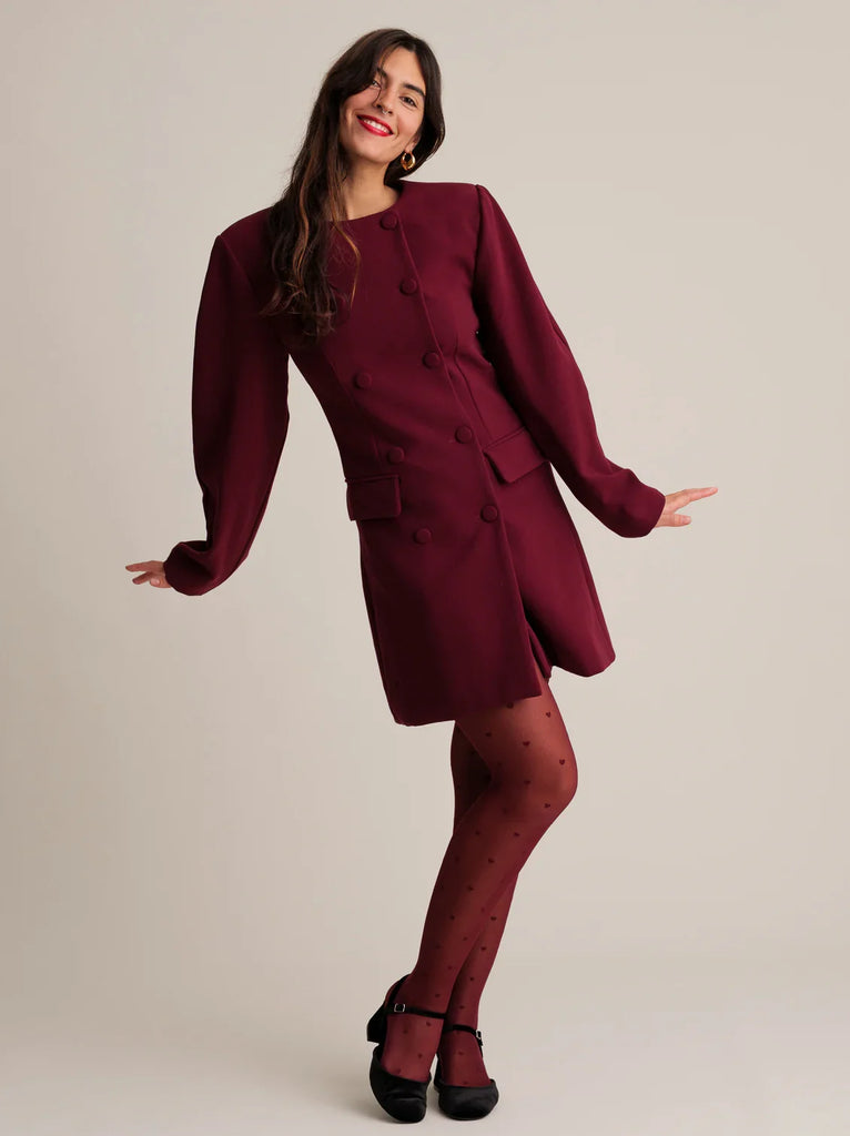 Jenn Blazer Dress — burgundy, on model — MYFASHIONFRUIT