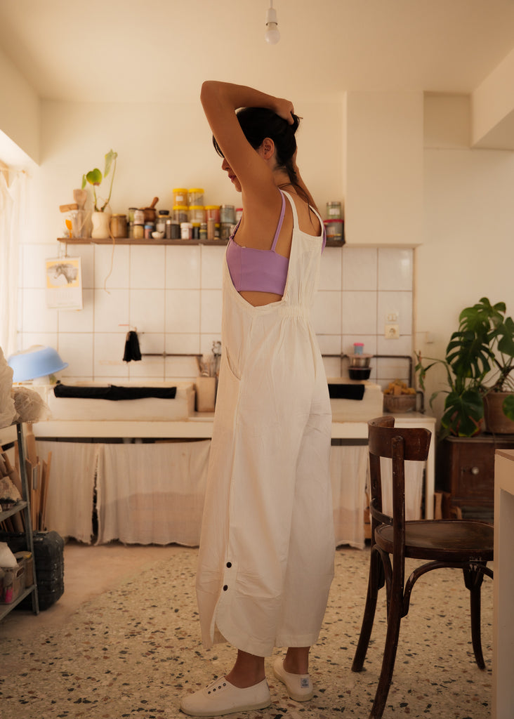 Mayaa Dungarees — White cotton, wide leg, on model — MYFASHIONFRUIT
