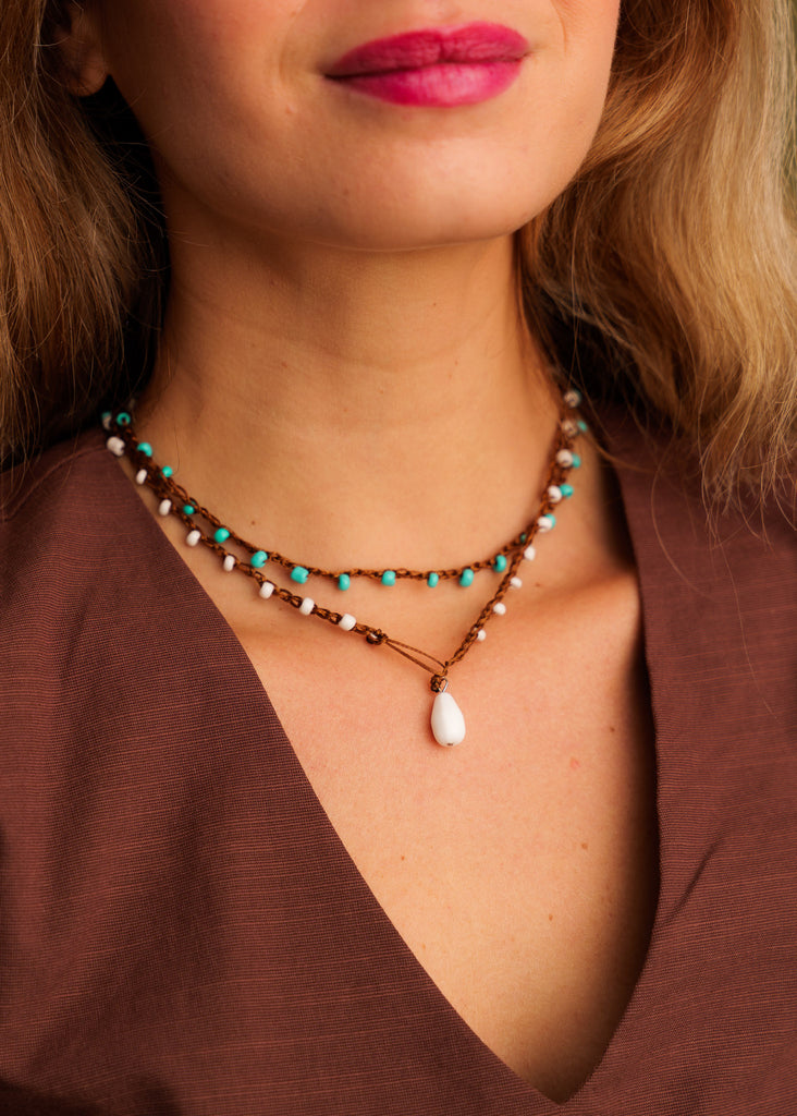 Nirvana Necklet — Brown necklace with turquoise & white beads on model — MYFASHIONFRUIT