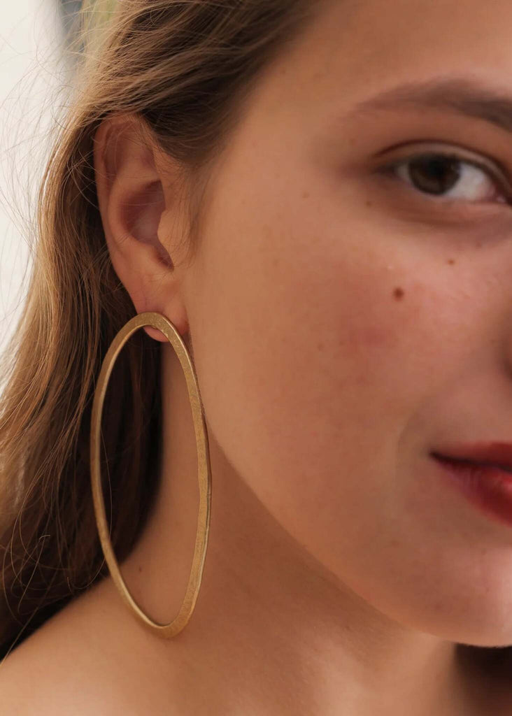 Ivee Earrings — Gold oval hoops on model, detail — MYFASHIONFRUIT