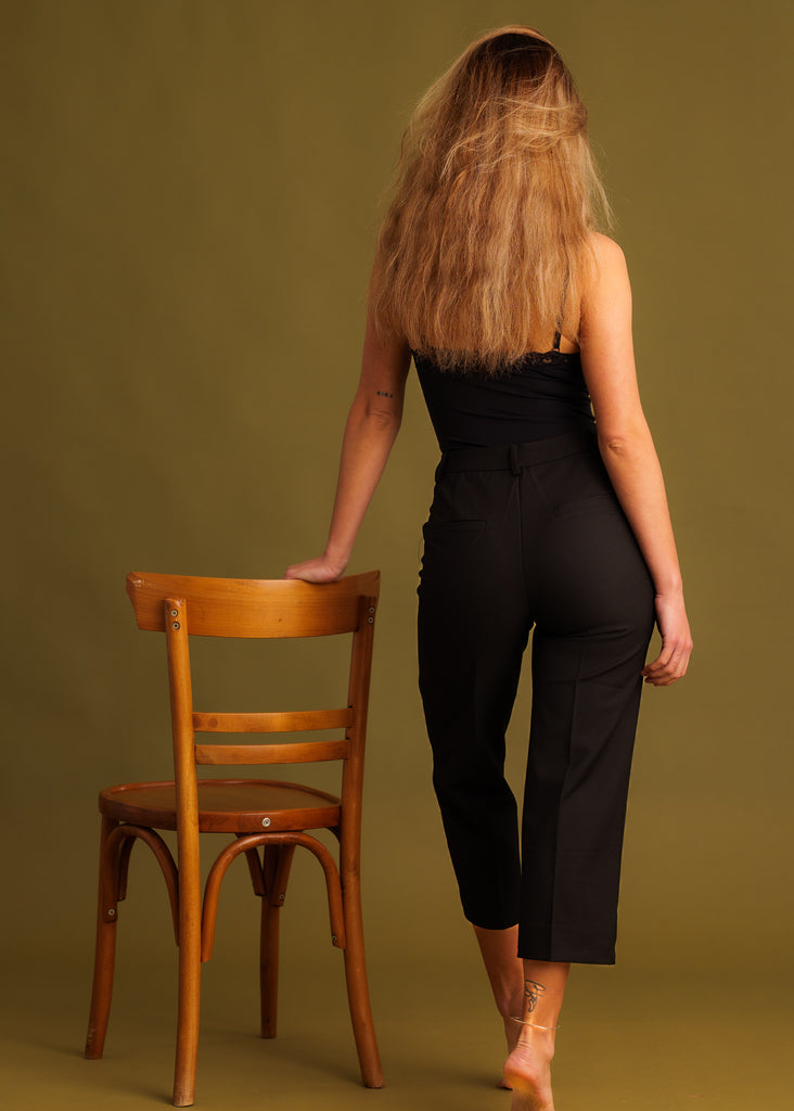 Greta Capri Pants — Black pants on model, back view — MYFASHIONFRUIT