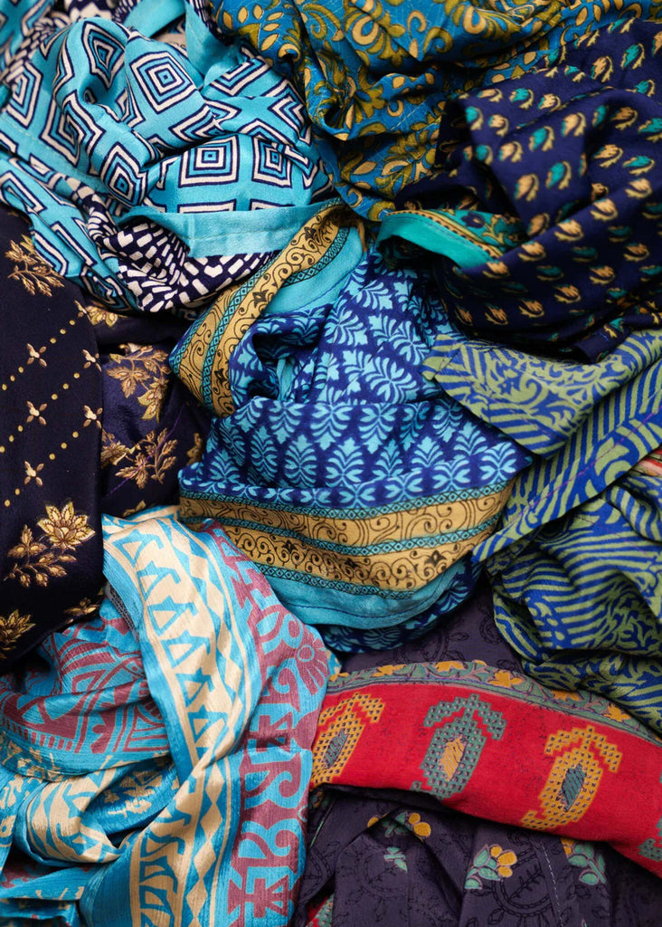Bijal Silk Scarf - Blues — detail of colorful silk scarves — MYFASHIONFRUIT
