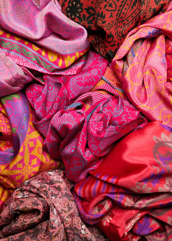 Bijal Silk Scarf - Pinks — Detail of colorful silk scarves — MYFASHIONFRUIT