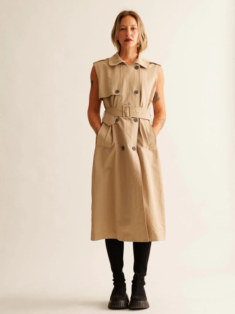 Audra Gabardine Dress — Sleeveless trench dress on model — MYFASHIONFRUIT