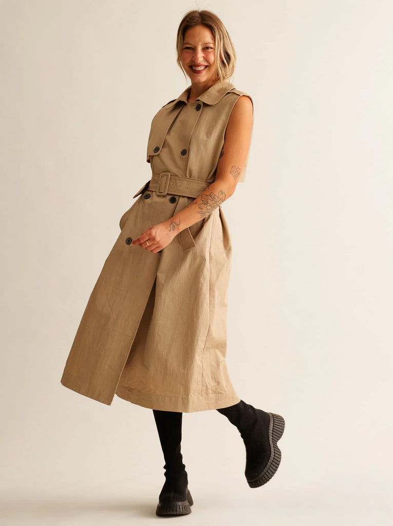 Audra Gabardine Dress — sleeveless trench on model — MYFASHIONFRUIT