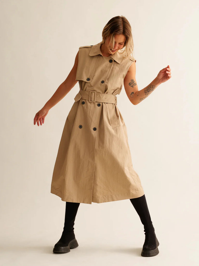 Audra Gabardine Dress — beige, sleeveless, on model — MYFASHIONFRUIT