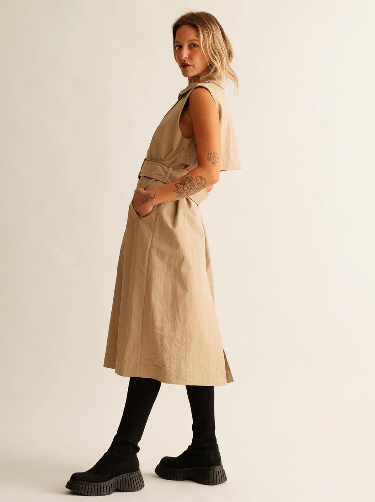 Audra Gabardine Dress — beige belted dress on model — MYFASHIONFRUIT