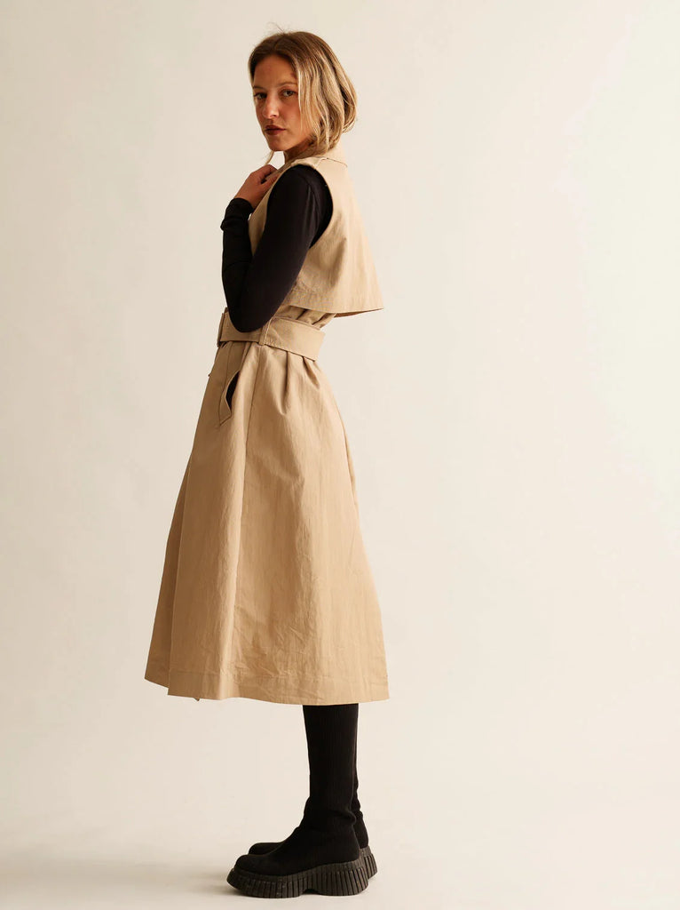 Audra Gabardine Dress — Beige belted dress on model — MYFASHIONFRUIT