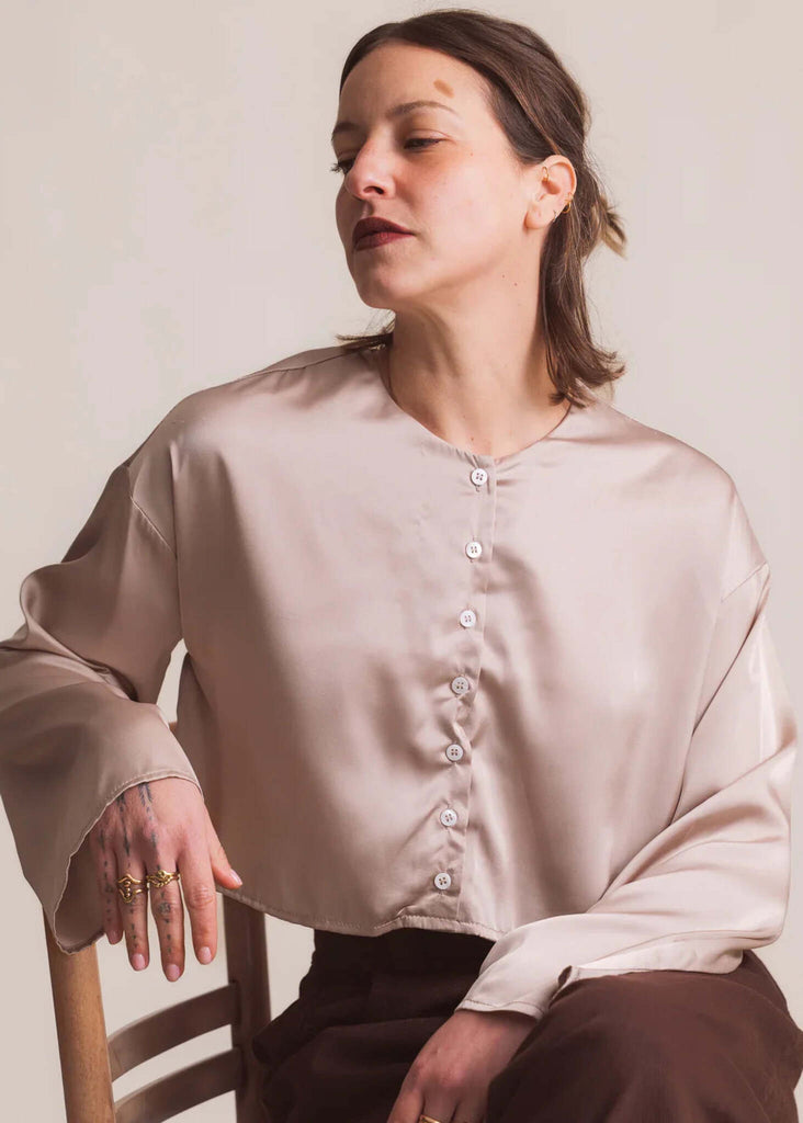 Nell Top — Champagne silk blouse on model — MYFASHIONFRUIT