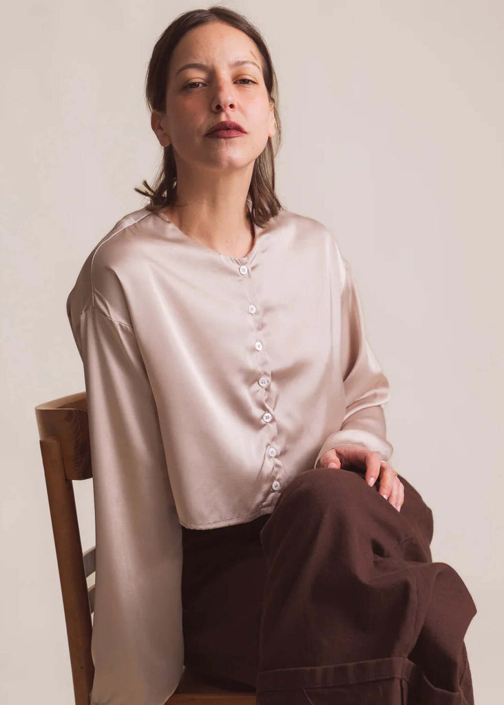 Nell Top — Champagne satin top on model — MYFASHIONFRUIT