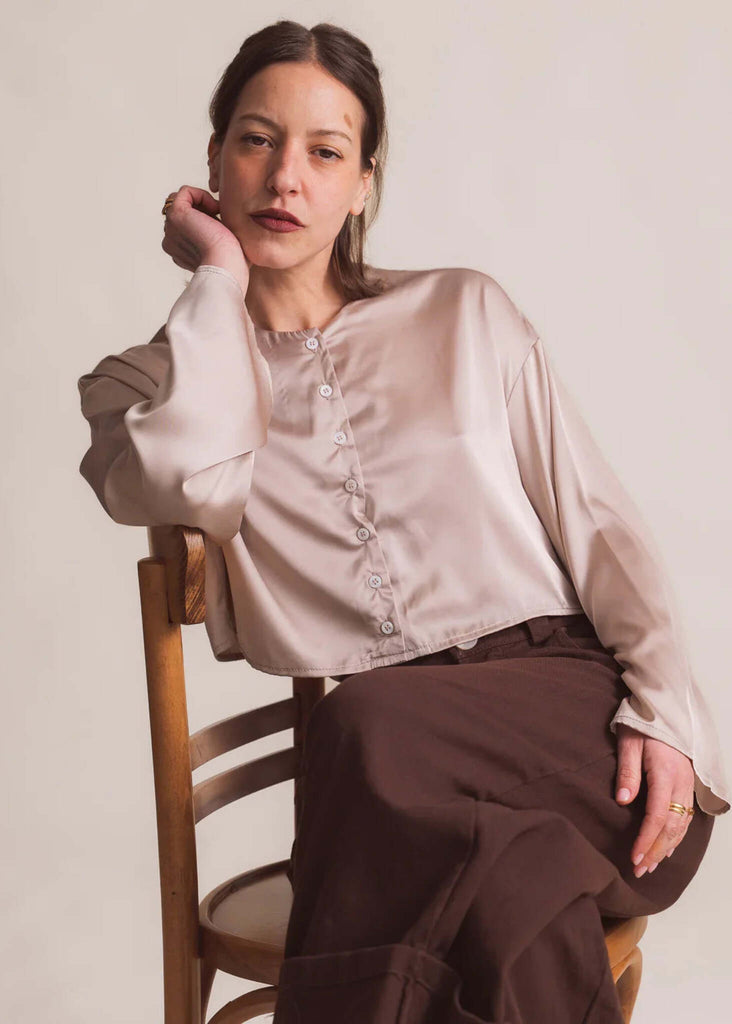 Nell Top — Beige button-up blouse on model — MYFASHIONFRUIT