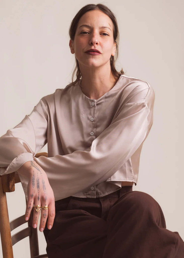 Nell Top — Taupe top on model — MYFASHIONFRUIT