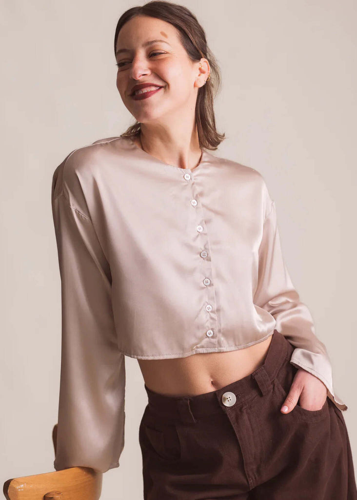 Nell Top — Cropped satin blouse on model — MYFASHIONFRUIT