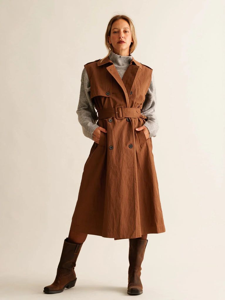 Audra Gabardine Dress — Brown sleeveless trench on model — MYFASHIONFRUIT