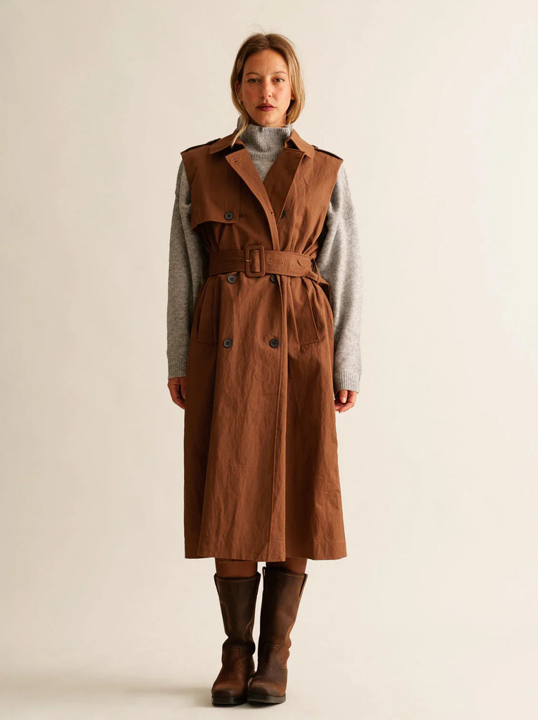 Audra Gabardine Dress — Brown trench dress vest on model — MYFASHIONFRUIT