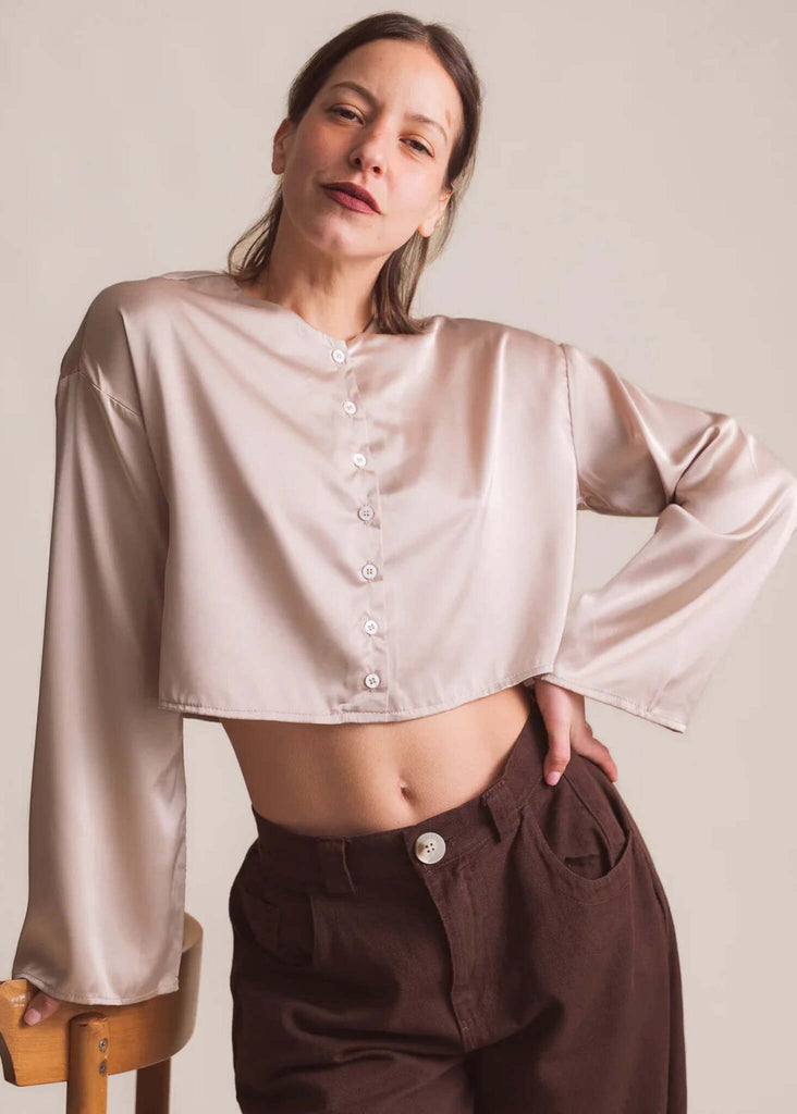 Nell Top — Cropped silk blouse on model — MYFASHIONFRUIT
