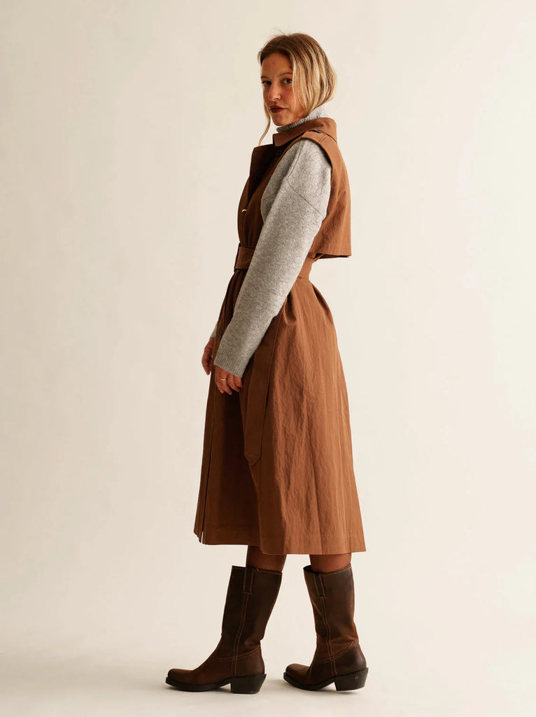 Audra Gabardine Dress — Brown belted dress on model — MYFASHIONFRUIT