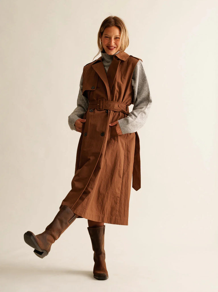 Audra Gabardine Dress — Brown dress on model with boots — MYFASHIONFRUIT