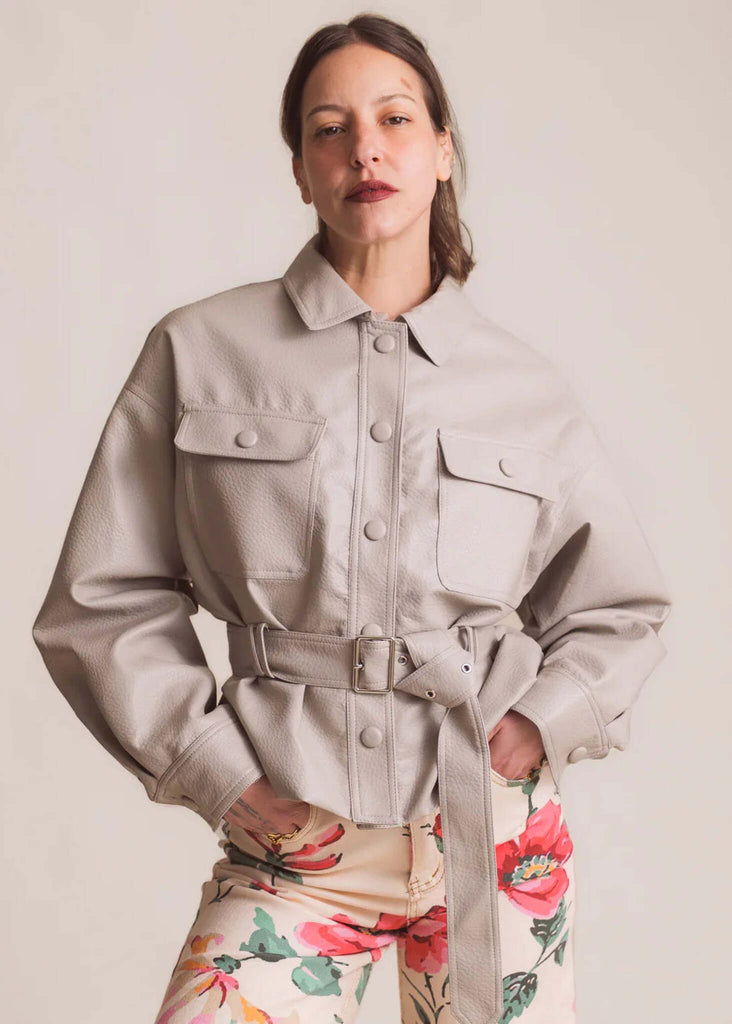 Drue Jacket — Grey faux leather jacket on model — MYFASHIONFRUIT