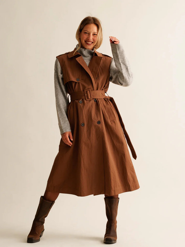 Audra Gabardine Dress — Brown midi dress on model — MYFASHIONFRUIT