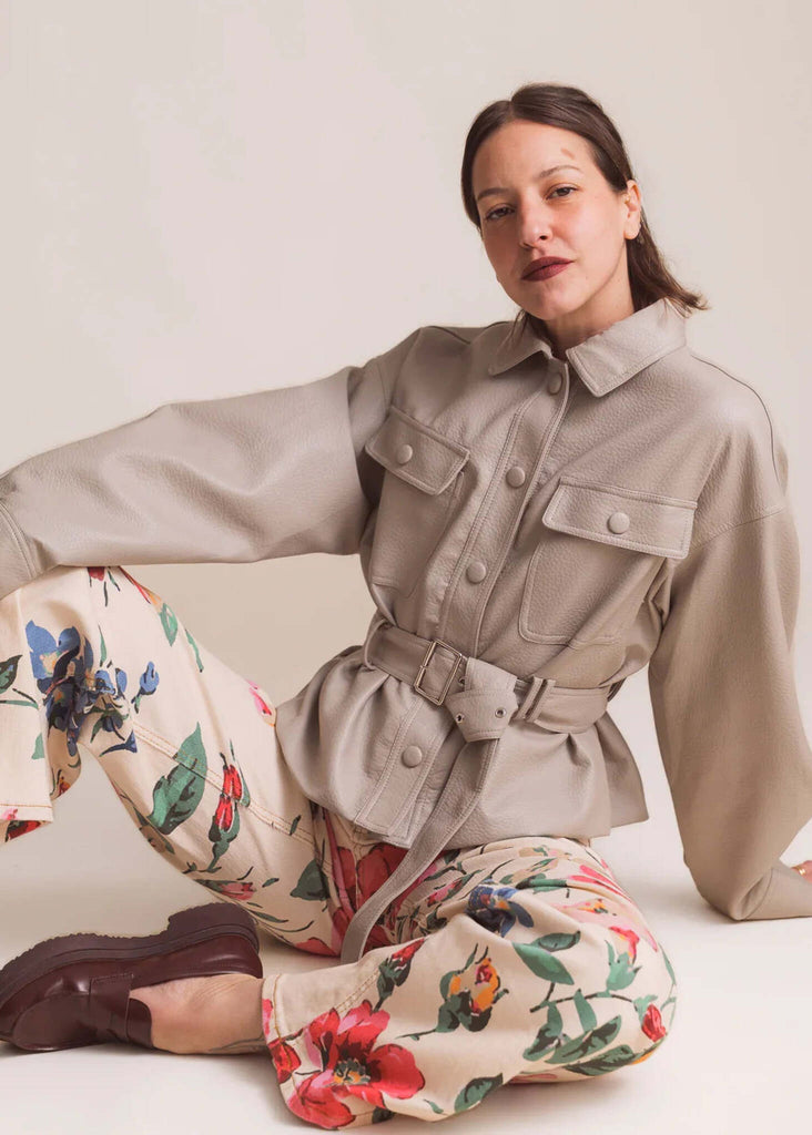 Drue Jacket — Grey belted jacket on model — MYFASHIONFRUIT
