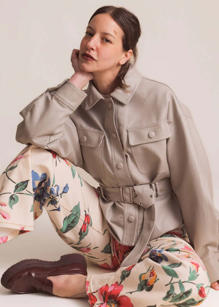Drue Jacket — Beige belted jacket on model — MYFASHIONFRUIT
