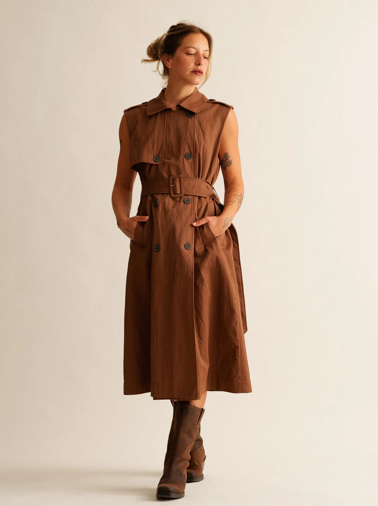 Audra Gabardine Dress — brown trench dress on model — MYFASHIONFRUIT