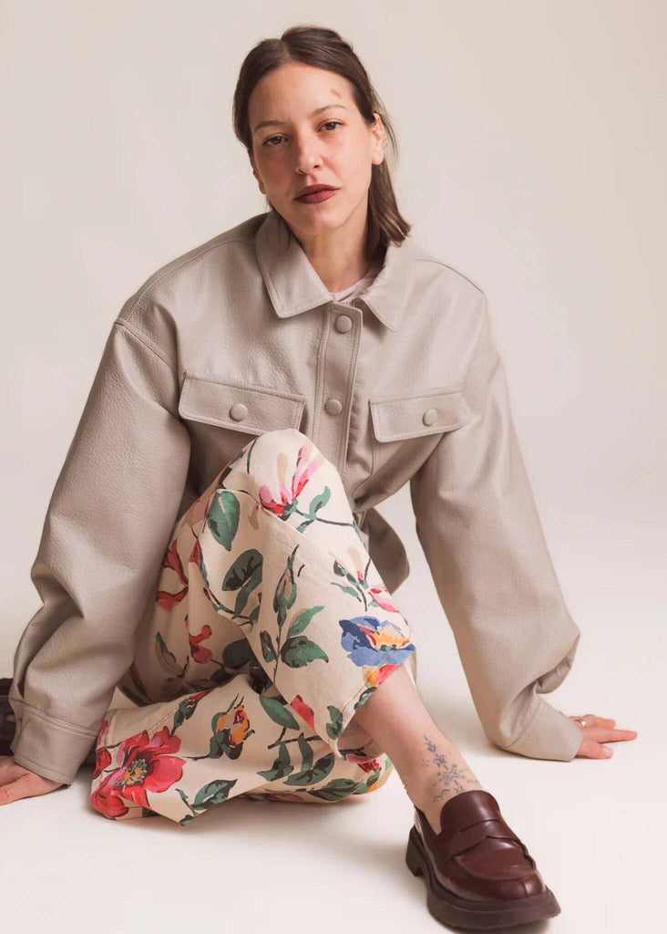 Drue Jacket — Beige faux leather jacket on model — MYFASHIONFRUIT
