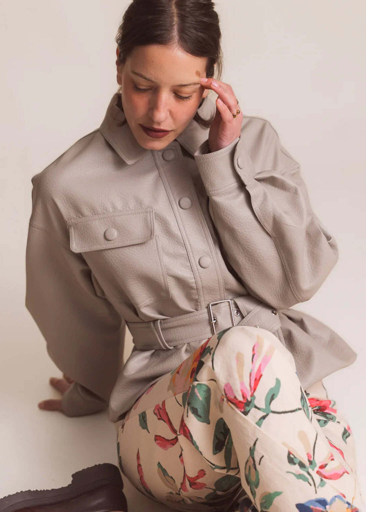Drue Jacket — Grey belted jacket on model — MYFASHIONFRUIT