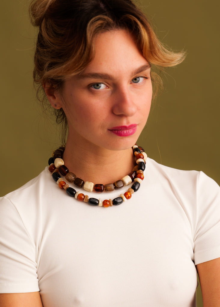 Oona Necklace — Beads in earthy tones on model — MYFASHIONFRUIT