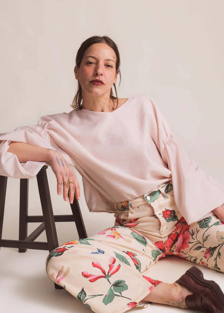 Malu Top — Pale pink top and floral pants on model — MYFASHIONFRUIT