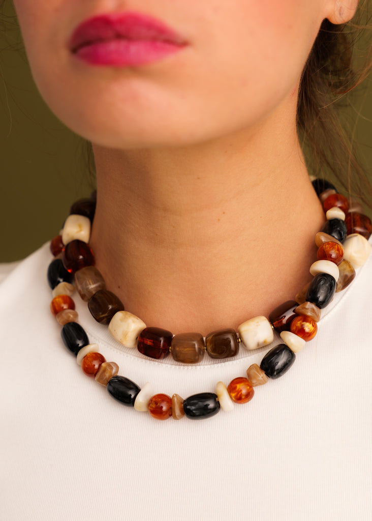 Nia Necklace — Beads in browns and cream tones on model — MYFASHIONFRUIT
