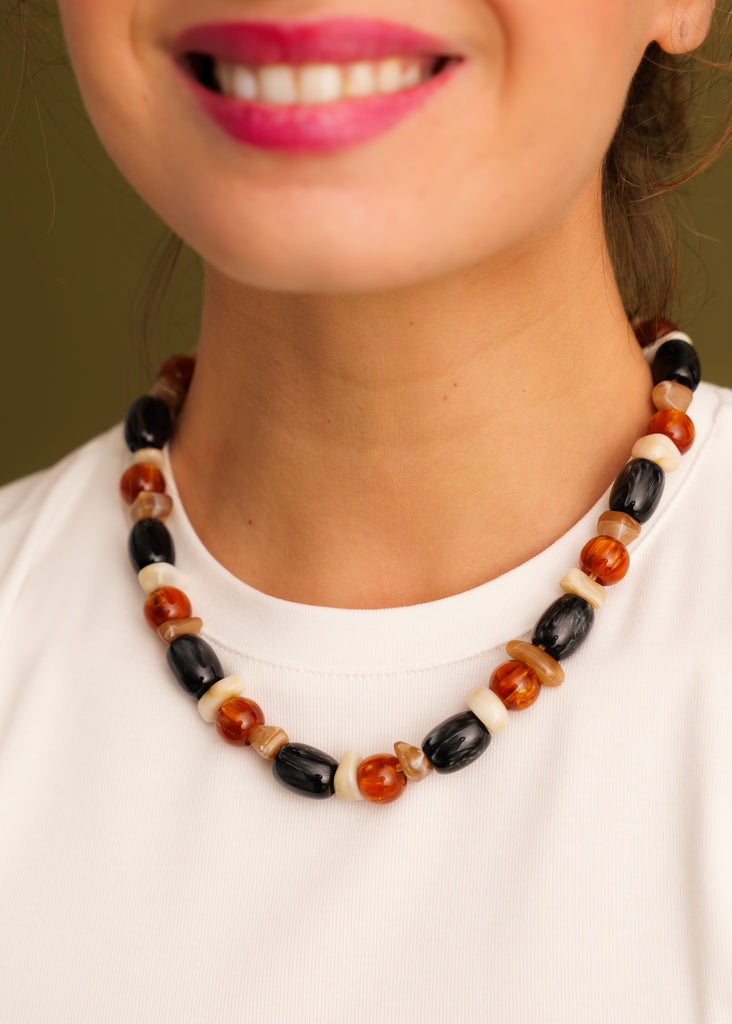 Oona Necklace — Black, beige & brown beaded necklace on model — MYFASHIONFRUIT