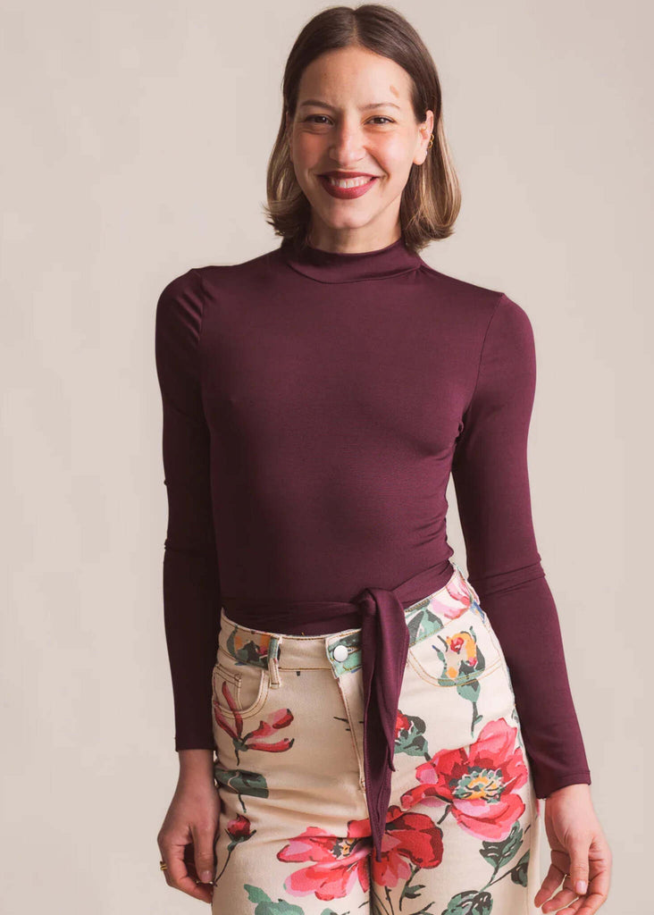 Abby Top — Burgundy top with tie on model — MYFASHIONFRUIT