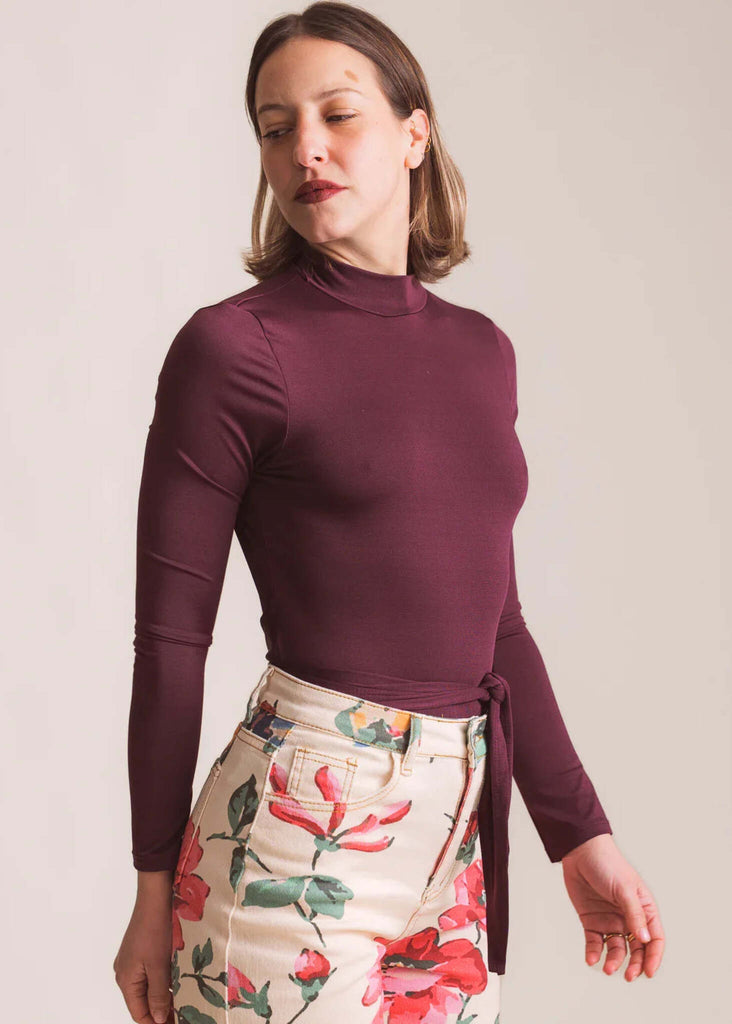 Abby Top — Burgundy long sleeve top on model — MYFASHIONFRUIT