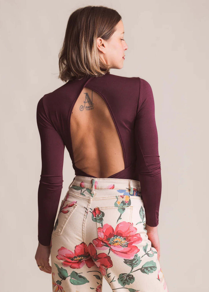 Abby Top — Burgundy top with open back, floral pants on model — MYFASHIONFRUIT